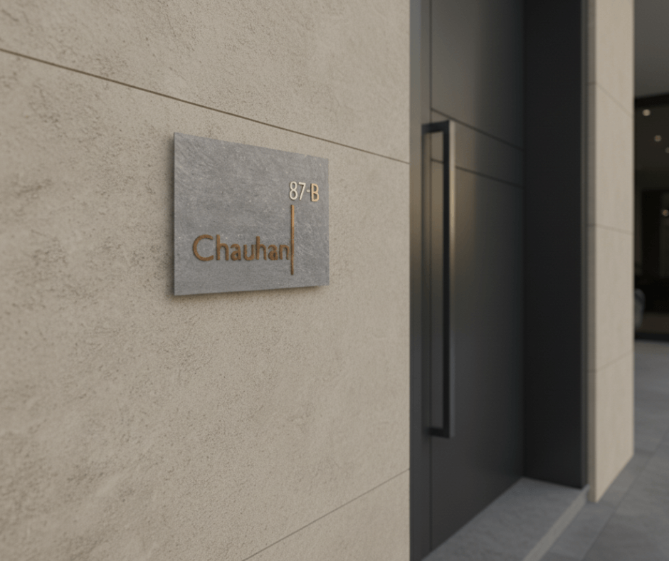 Evara – Textured Wooden Name Plate with Gold Matte Letters