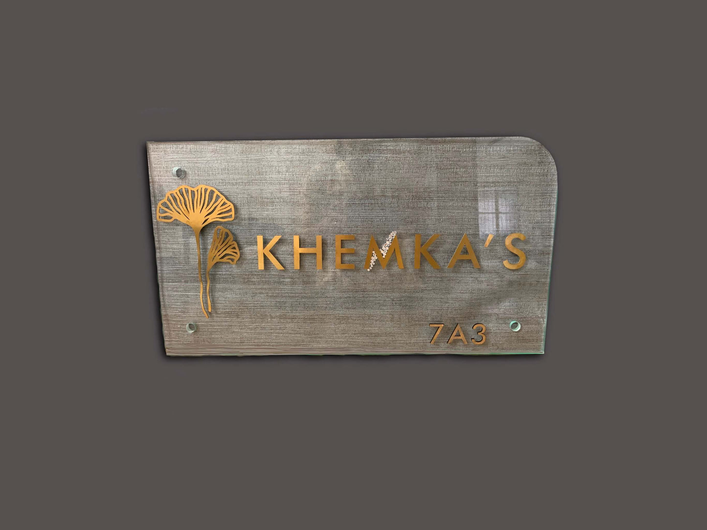 Virya – Glass Name Plate with Gold Steel Letters and Swarovski Accents